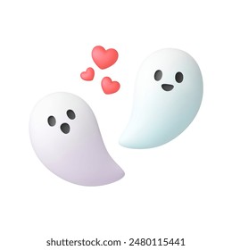 Funny 3d ghosts. Isolated ghost in love, phantoms with hearts card. Spooky halloween party cartoon characters. Realistic render vector elements