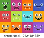 Funny 3d monsters faces. Scary facial expressions, monster mouths and teeth with cartoon eyes vector illustration set of funny cartoon and scary facial monster