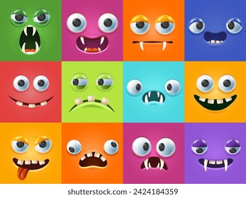 Funny 3d monsters faces. Scary facial expressions, monster mouths and teeth with cartoon eyes vector illustration set of funny cartoon and scary facial monster