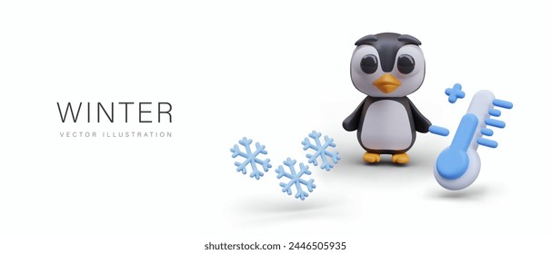 Lustiger 3D-Pinguin, Schneeflocken, blaues Thermometer. Winterkonzept, kaltes Wetter