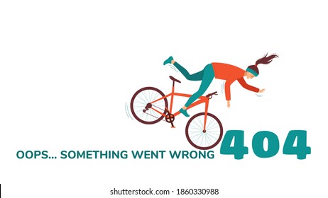 Funny 404 design template with a cyclist falling from a bicycle. Concept of unusual original vector illustration for error page. Oops ... Something went wrong. Isolated on white background