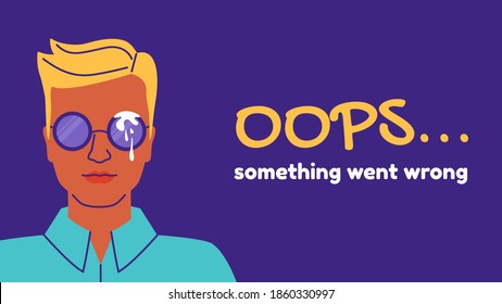 Funny 404 design template with young man wearing sun glasses. Concept of unusual original vector illustrations for error page. Oops, something went wrong. Isolated on white background