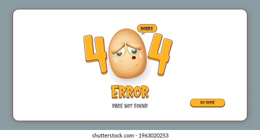 Funny 404 error page design template with funny cartoon crying potato character. 404 error page not found landing page