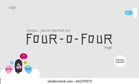 Funny 404 page for website with cute smiling colorful characters and go back button