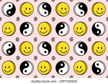 Funny 70s,90s smiley cute face,Yin Yang seamless pattern.Vector cartoon kawaii character illustration icon design.Positive smile face,Yin Yang,Ying,high,trip,techno,70s smiley seamless pattern concept