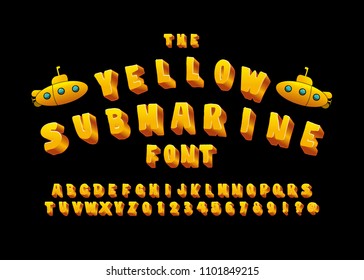 Funny abc. Vintage funny abc, great design for any purposes. Comic colorful alphabet. Vector cartoon alphabet blue background. Vector cartoon cute funny english abc. Yellow submarine.