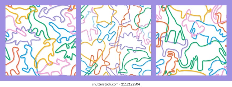 Funny abstract animal shape seamless pattern set. Children toy wrist band decoration background collection, colorful kid backdrop with dinosaur, plane and unicorn bands.