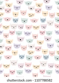 Funny Abstract Cat Heads Vector Pattern. Simple Infantile Style. Pastel Colors. White Background. Hand Drawn Design.