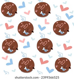 Funny abstract cat sleeping and hearts seamless pattern. Vector cartoon illustration