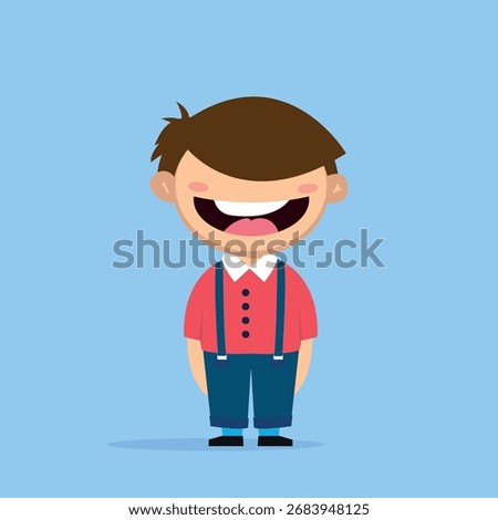 Funny abstract character guy with bangs and a wide smile in a red shirt and pants with suspenders