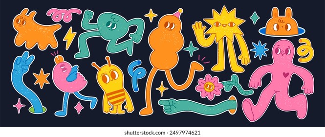 Funny abstract characters. Cartoon comic shape with faces and different emotions. Retro funky strange animal, flower. Amorphous psychedelic character vector set.