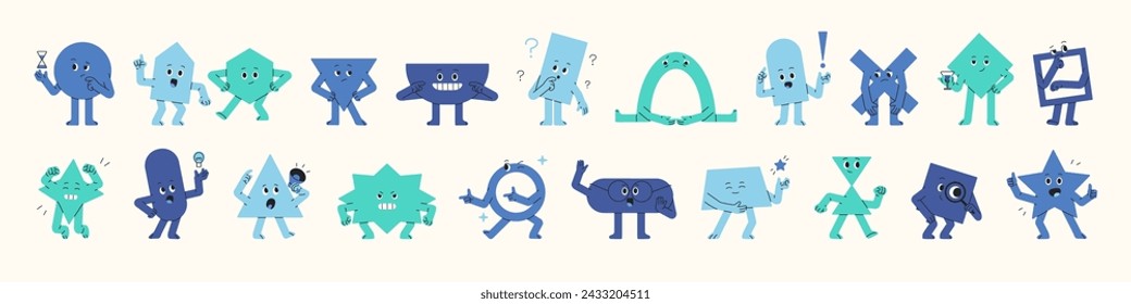 Funny abstract characters set. Different geometric shapes avatars with emotions, facial expressions. Cute figures with various action symbols. Elementary education. Flat isolated vector illustration