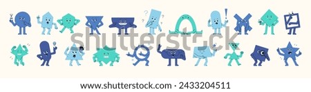 Funny abstract characters set. Different geometric shapes avatars with emotions, facial expressions. Cute figures with various action symbols. Elementary education. Flat isolated vector illustration