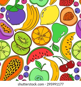 Funny abstract colorful fruit seamless pattern. Bright summer background with cartoon fruits and berries.