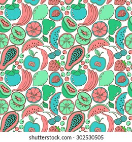 Funny abstract colorful fruit seamless pattern. Bright summer background with cartoon fruits and berries.