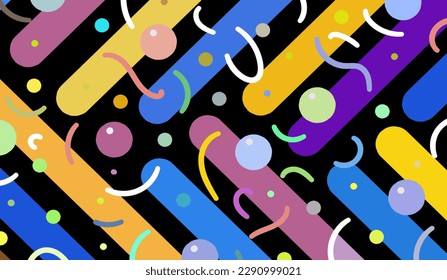 Hübsches abstraktes bunter Muster von Linien und Punkten. Komposition in Form beliebiger mehrfarbiger Doodles auf schwarzem Hintergrund. Vektorgrafik, EPS10. Funky-Stil.
