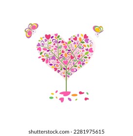 Funny abstract colorful tree in heart shape and flying butterflies for Valentine’s day, wedding, birthday, baby arrival, mother’s day greeting card and invitations on white background. Psychedelic con