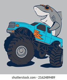 Funny and abstract cool shark driving a monster Truck