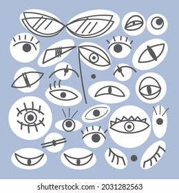 Funny abstract different eyes on a blue background. Vector illustration. 
