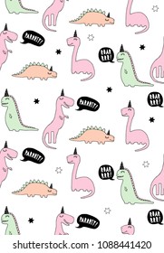 Funny Abstract Dinosaurs Vector Pattern.Hand Drawn Pink, Mint Green and Beige Dinos Wearing Black Paper Hats.Black Speech Bubbles with White Text Inside.Colorful Dinos on a White Background.Dino Party