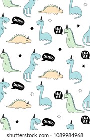 Funny Abstract Dinosaurs Vector Pattern.Hand Drawn Blue, Mint Green and Beige Dinos Wearing Black Paper Hats.Black Speech Bubbles with White Text Inside.Colorful Dinos on a White Background.Dino Party