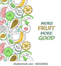 Funny abstract doodle colorful fruits background. Healthy vegetarian concept poster or card.
