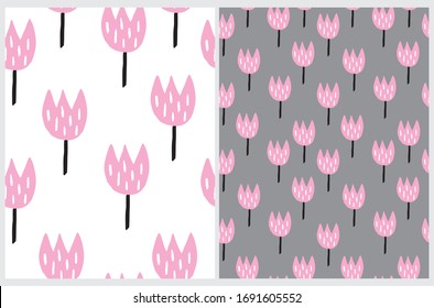 Funny Abstract Floral Seamless Vector Patterns. Simple Infantile Style Pink Tulips Isolated on a White and Gray Backgrounds. Lovely Repeatable Print with Pink Flowers. Sweet Garden Design.