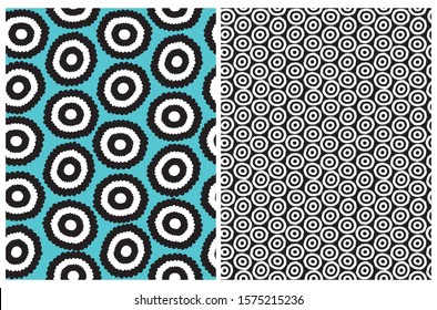 Funny Abstract Flowers Seamless Vector Patterns. Black and White Spots Isolated on a Blue Background. Abstract Dotted Vector Print Ideal for Fabric, Textile, Wrapping Paper, Layout, Party Decoration. 