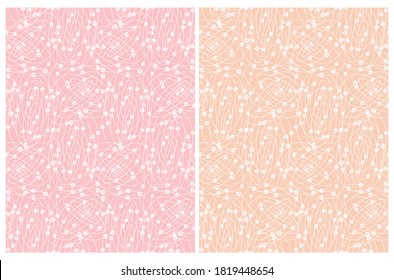 Funny Abstract Geometric Seamless Vector Pattern. White Hand Drawn Irregular Circles with Dots and Isolated on a Light Pink and Cream Background. Funny Doodle Print. Infantile Style Repeatable Design.