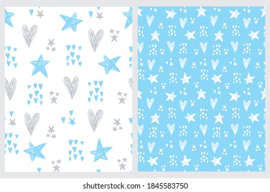 Funny Abstrakte geometrische Muster nahtloser Vektormuster mit weißen, blauen und grauen Herzen und Sternen einzeln auf weißem und pastellblauem Hintergrund. Unregelmäßiges Wiederholbares doodle Drucken. 