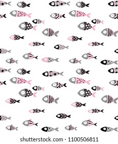Funny Abstract Hand Drawn Fishes Vector Pattern. Pink and Black Hand Drawn Fishes Isolated on a White Background. Big Eye Fishes Repeatable Vector Design. Fishes with Dotted and Striped Pattern.