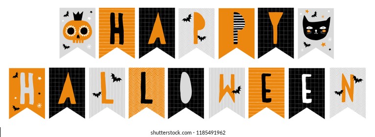 Funny Abstract Hand Drawn Halloween Bunting Flags Vector Set. Hand Written Happy Halloween. Black, Orange, White and Gray Simple Infantile Design. Cute Cat, Creepy Skull, Black Bats and Tiny Stars.