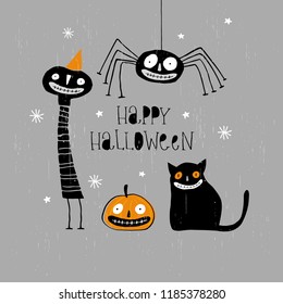 Funny Abstract Hand Drawn Happy Halloween Vector Illustration. Freaky Black Cat, Angry Pumpkin, Cute Black Spider, Creepy Clown in Orange Party Hat. Black Hand Written Letters on a Gray Background.