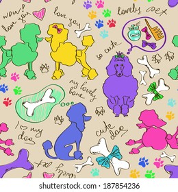 Funny abstract hand drawn seamless pattern of poodle dogs