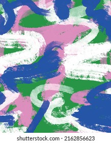 Funny Abstract Hand Drawn Street Art Style Vector Layout. White, Pink and Blue Scribbles on a Green Background. Modern Bright Colors Irregular Dabs Vector Print Perfect for Cover, Layout.