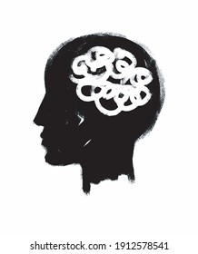 Funny Abstract Overthinking Man Vector Illustration. Simple Vector Graphic with Black Human Head with White Sketched Scribbles Inside Isolated on a White Background.