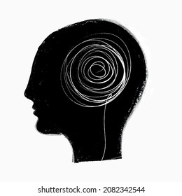 Funny Abstract Overthinking Man Vector Illustration. Simple Vector Graphic with Black Human Head with White Sketched Scribbles Inside Isolated on a White Background. Mental Health.