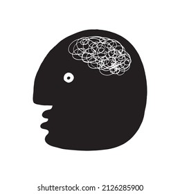 Funny Abstract Overthinking Man Vector Illustration. Simple Vector Graphic with Black Human Head with White Sketched Scribbles Inside Isolated on a White Background. Black Head with White Brain.