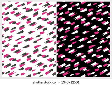 Funny Abstract Paintbrush Dabs Vector Pattern. Pink and Black Stripes on a White Background. Pink and White Spots on a Black Layout. Chaotically Painted Abstarct Short Lines. Expressive Pink Smudges.