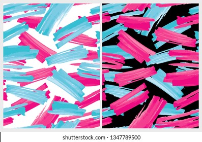 Funny Abstract Paintbrush Lines Vector Pattern. Pink and Blue Stripes on a White and Black Backgrounds. Chaotically Painted Abstarct Dabs. Expressive Vivid Pink and Blue Smudges.