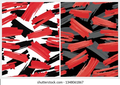 Funny Abstract Paintbrush Lines Vector Pattern. Red and Black Stripes on a White Background. Red and Dark Gray Spots on a Black Layout. Chaotically Painted Abstarct Dabs. Expressive Red Smudges.