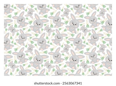 Funny abstract pattern with cute bunny and carrots. Vector illustration. Idea for nursery fabric, for poster, greeting card or invitation, labels or tags