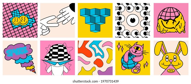 Funny abstract pictures, cartoon style, flat design, emoji, scissors and paper, characters, hare, cat, isometry, smoke. All elements are isolated, Square posters, logo templates - Shutterstock ID 1970731439
