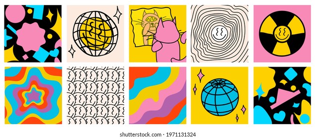 Funny abstract pictures, cartoon style, flat design, emoji, funny characters, radiation. All elements are isolated, Square posters, logo templates