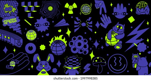 Funny Abstract Pictures, Rave Style, Flat Design, Trip, Poisonous Green And Purple Colors