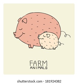funny abstract pig with piglet smiling