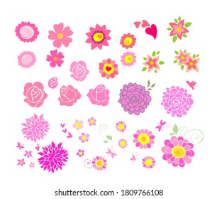Funny abstract pink flowers set for greeting card, birthday invitation and other design