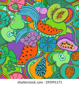 Funny abstract psychedelic colorful fruit seamless pattern. Bright summer background with cartoon fruits and berries.