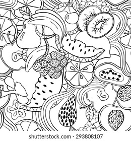 Funny abstract psychedelic fruit seamless pattern. Doodle black summer cartoon fruits and berries on a white background.