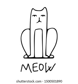 Funny abstract silhouette of a cat. Meow lettering. Positive hand-drawn vector image. Print for textiles, notebooks, phone cases and posters